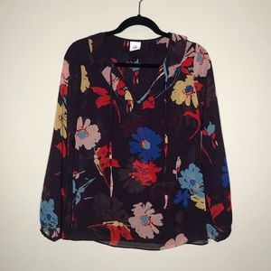 CABI | Floral Juliet Multicolor Printed Plum Sheer Ruffle Long Sleeve Blouse